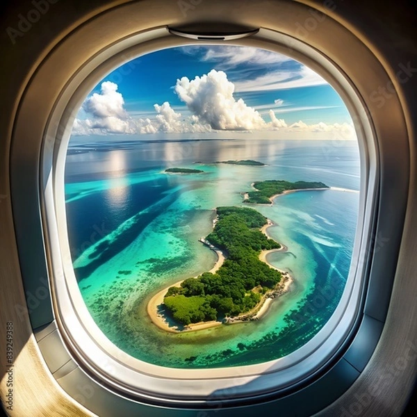 Obraz Photo of indoor to outdoor plane window to see down paradisiac islands