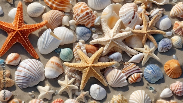 Fototapeta Shoreline Gems: Assortment of Seashells and Starfish Creating a Stunning Ocean Display on the Beach, Generative AI