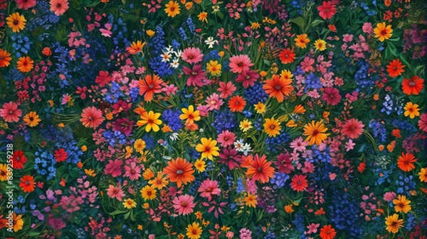 Fototapeta Floral Tapestry Delight: Field of Flowers Adorning a Lush and Colorful Background, Creating a Mesmerizing Tapestry of Botanical Wonders and Vivid Shades, Generative AI