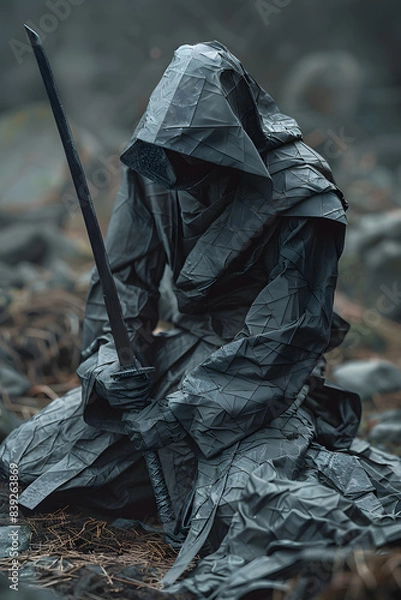 Obraz A lone samurai kneels in the rain, his sword drawn and ready. He is prepared to fight for his life.