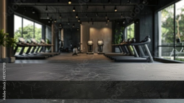 Fototapeta Tabletop in the gym for product presentation. Black empty concrete countertop mockup for sports nutrition.