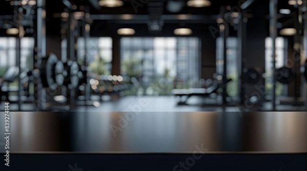 Fototapeta Black tabletop in the gym with barbells and dumbbells. Empty countertop mockup for sports nutrition product presentation.