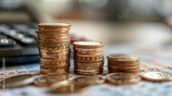 Fototapeta Close-up of coin stacks next to a calculator, symbolizing budgeting and savings