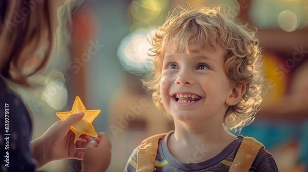Obraz A child smiling brightly as they receive a gold star from the teacher.