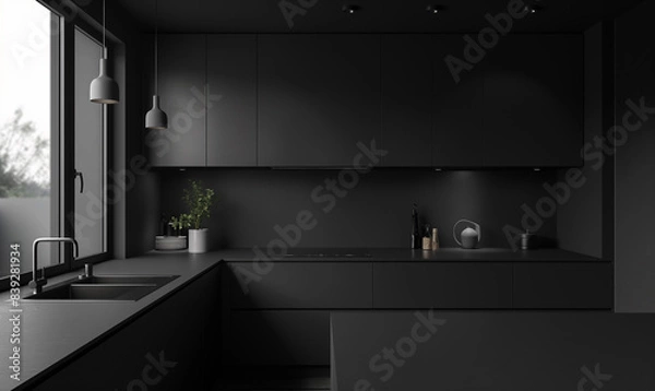 Fototapeta 3d rendering, Black kitchen with sleek, modern design and minimalist furniture