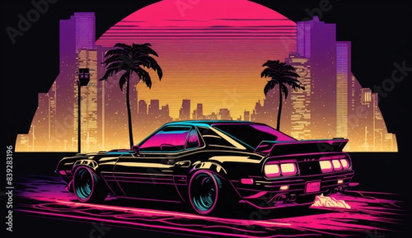 Fototapeta car on the beach in synthwave 80s style