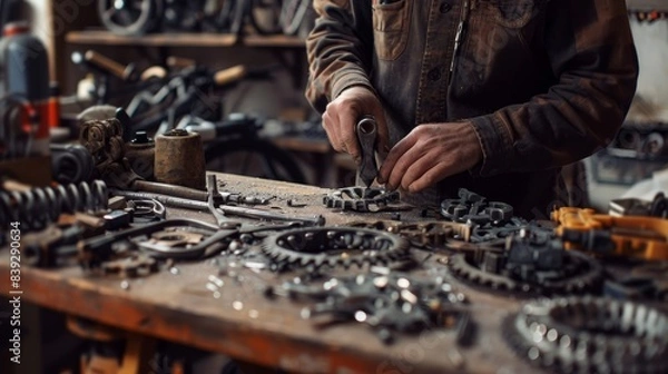 Obraz Master Craftsman Skilled Hands Crafting Bespoke Bicycle Components on Wooden Workbench