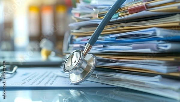 Obraz Stethoscope on medical file and documents stack in the style of hospital office, healthcare business