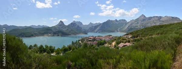 Fototapeta small town of Riaño in beautiful Picos de Europa National Park in Northern Spain with Riaño Lake in the foreground