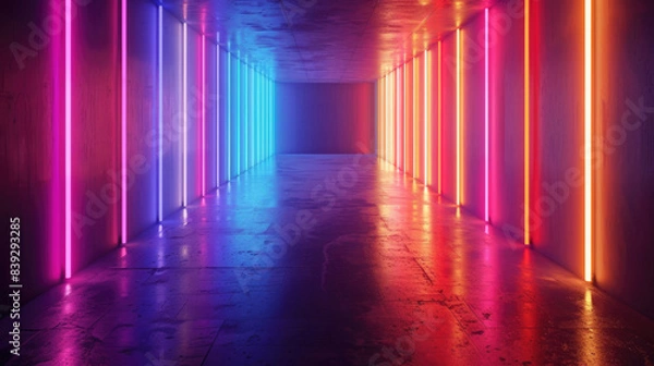 Fototapeta A 3D rendering of a dark hallway with glowing neon lights on the walls. 