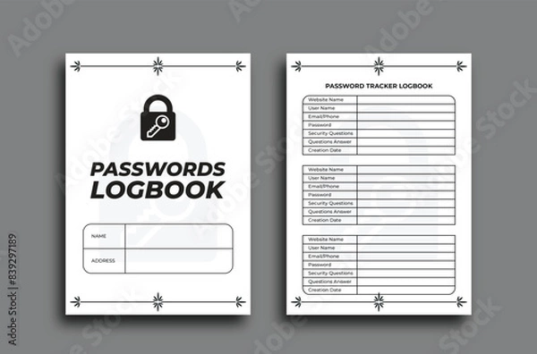 Fototapeta Password Logbook Tracker. Password Book Journal. Password Tracker Template. A4 Size Easily Editable Password Tracker Log Book. Password Log Book KDP Interior