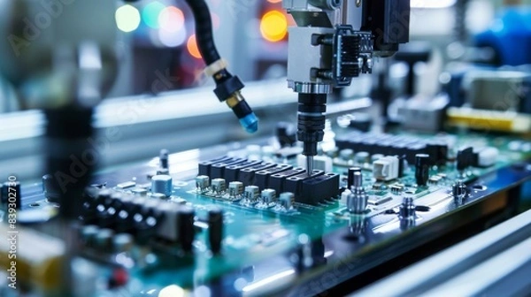 Fototapeta A close up of a computer chip with a lot of orange lights