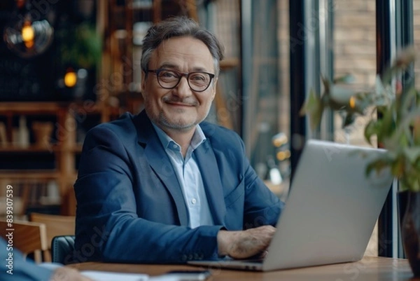 Fototapeta Confident Middle-Aged Businessman Working on Laptop in Office, Smiling at Camera - 8k Real Photo