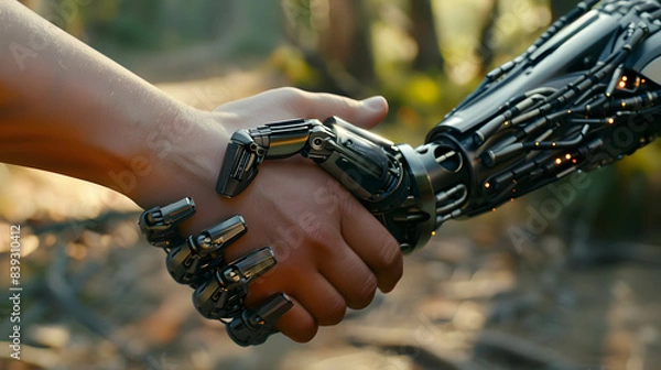 Fototapeta A close-up of a human hand and robot hand shaking hands, representing agreement or partnership, collaboration between humans and robots and artificial intelligence or AI