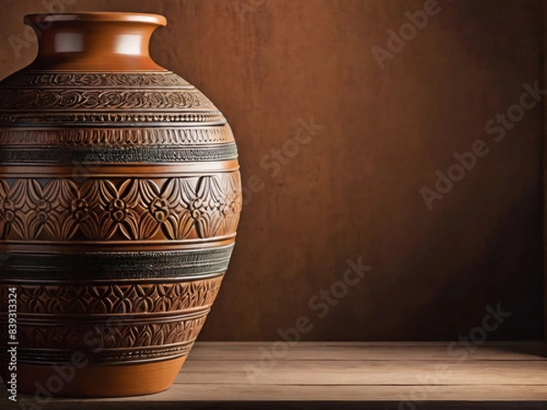 Obraz Clay jar or vase, showcasing vintage craftsmanship. Emphasize a classic design with intricate details and an aged patina, highlighting its antique appeal.