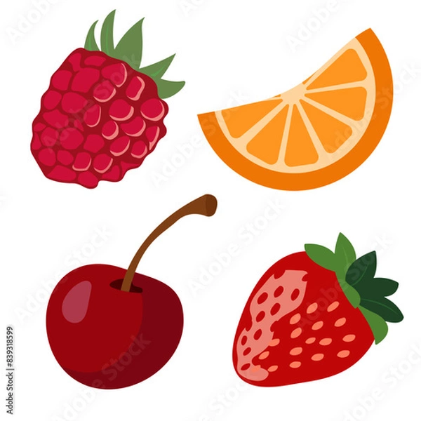 Fototapeta Strawberry, raspberry, orange slice, cherry.  Vector illustration isolated on white background