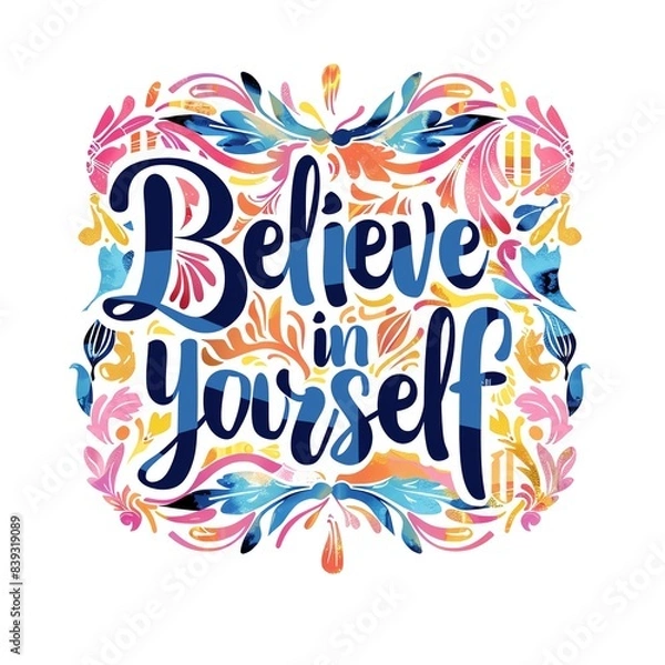 Fototapeta Inspirational quote "Believe in yourself" in colorful hand-lettering with floral design. Perfect for motivational posters, greeting cards, and social media.