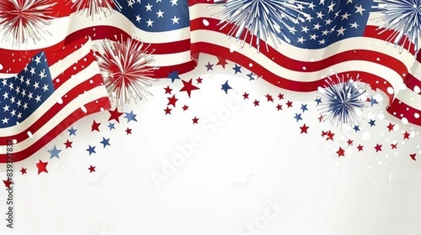 Obraz Happy 4th of July, a illustration with fireworks and an American flag banner on a white background