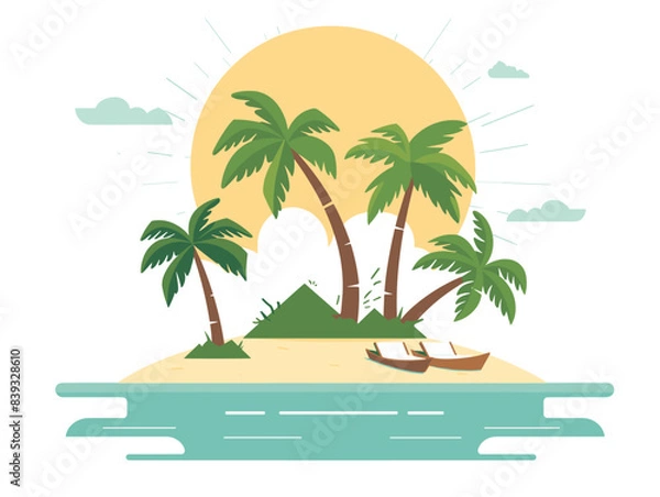 Fototapeta Tropical island cartoon graphic showing palm trees, boat, sun. Flat design illustration paradise island, summer, vacation concept. Serene beach landscape, travel, tourism background