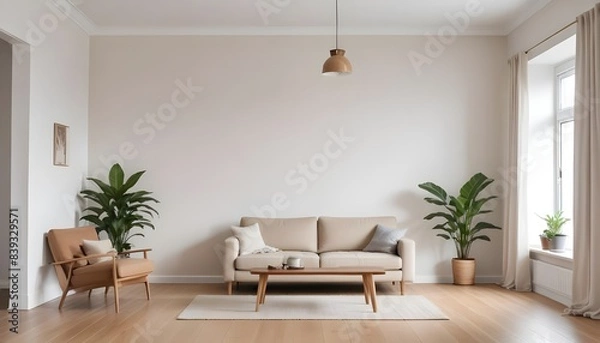 Fototapeta The frame mockup and living room wall mockup are bright tones with a leather sofa and armchair. 3D render