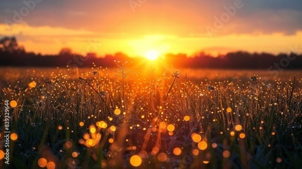 Fototapeta Sunrise Over Fields: Capture the tranquility of a sunrise over fields with golden light, dewy grass, and peaceful scenery, suitable for nature blogs
