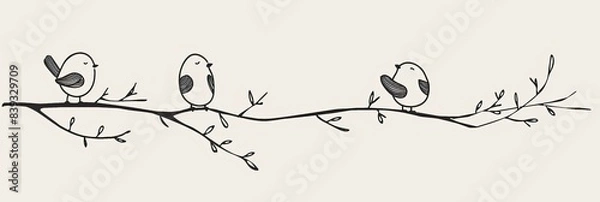 Obraz Minimalist line drawings of cute birds on branches, set against a light background