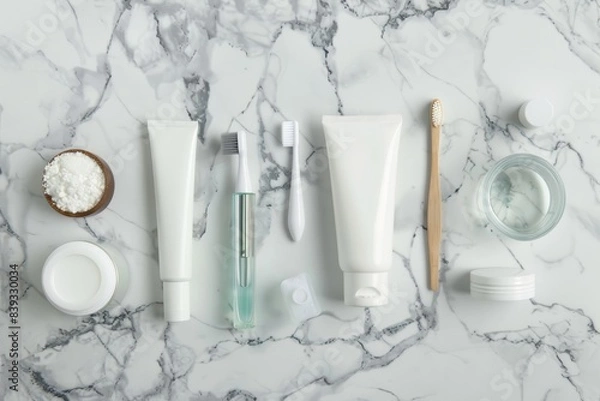 Fototapeta Flat Lay of Dental Hygiene Products on Marble Surface for Bathroom Design and Dental Care