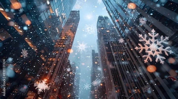Fototapeta Stunning view of a cityscape with tall buildings and falling snowflakes, capturing the essence of a winter urban scene.