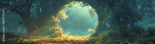 Fototapeta Magical forest portal with glowing lights illuminating a mystical pathway through dense, green foliage on a foggy morning.