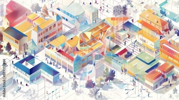 Fototapeta A geometric diagram showing educational resource distribution, with many transparent layers, in the style of luminous landscapes, white background, isometric, educational vistas with cartelcore, lumin