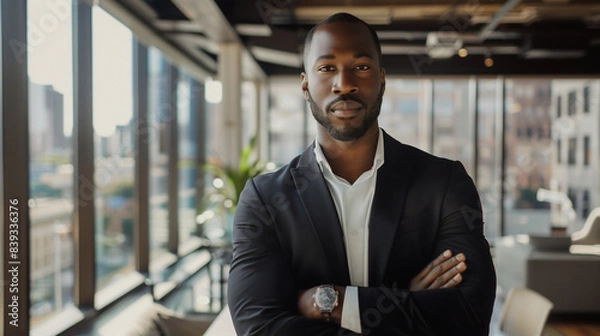 Obraz A professional man with a determined gaze stands arms crossed in a bright office space, embodying strength and confidence