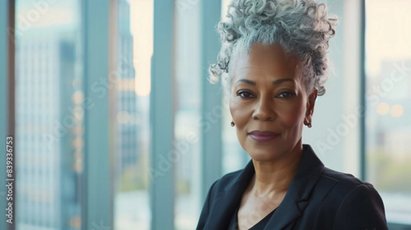 Obraz A seasoned businesswoman with a warm smile radiates approachability and professionalism in a well-lit, modern corporate environment