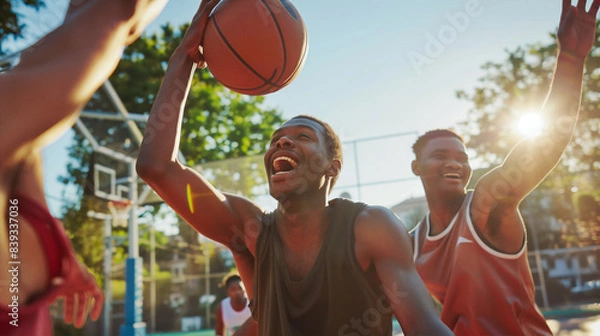 Obraz Exhilaration fills the air as a basketball player leaps for a shot during a vibrant street game, embodying the energy and passion of urban sports culture.