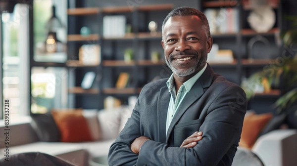 Obraz Confident mature businessman stands with crossed arms, smiling warmly in a modern office setting, his demeanor reflecting success and professionalism. The portrait emphasizes leadership and experience