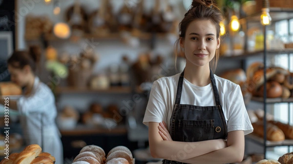 Fototapeta A young female baker with a gentle smile stands confidently with her arms crossed in a rustic bakery, surrounded by an assortment of freshly baked bread