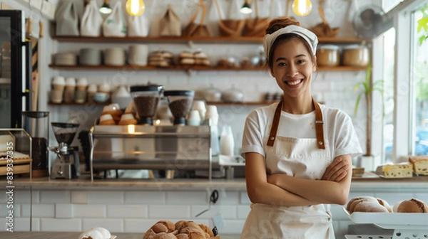 Obraz In a modern bakery kitchen, a young female baker with a pleasant smile stands with folded arms, wearing a clean apron over her white shirt, embodying the spirit of modern gastronomy and small business