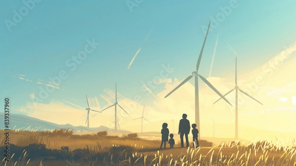 Obraz A family of four stands before wind turbines in a golden field during sunset, representing sustainable energy and family bonding in the countryside
