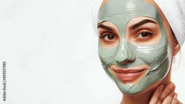 Obraz A woman enjoys a green facial mask, embodying the theme of beauty and rejuvenation in a bright, contemporary space