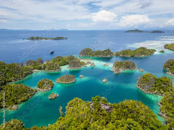 Fototapeta Raja Ampat, Indonesia: Aerial view of the Piaynemo viewpoint famous for its limestone karst landscape in Raja Ampat archipelago in West Papua in Indonesia.