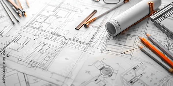 Fototapeta Architectural blueprints and drafting tools laid out for a detailed building plan" | "Precision and planning in architecture depicted through blueprints and professional tools"
