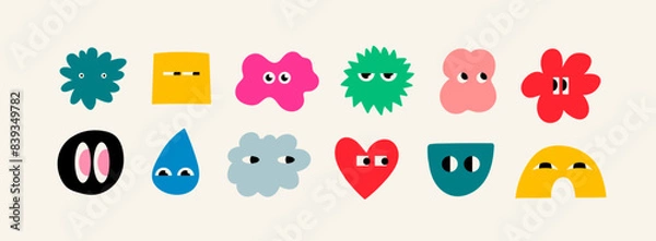 Fototapeta Set of Various bright Doodle shapes with face emotions. Different figures. Hand drawn trendy Vector illustration for kids. Cute funny characters. All elements are isolated