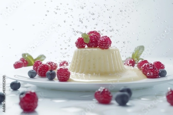 Fototapeta Elegant panna cotta with fresh raspberries and blueberries, dusted with powdered sugar, presented on a white plate, creating a sophisticated dessert display