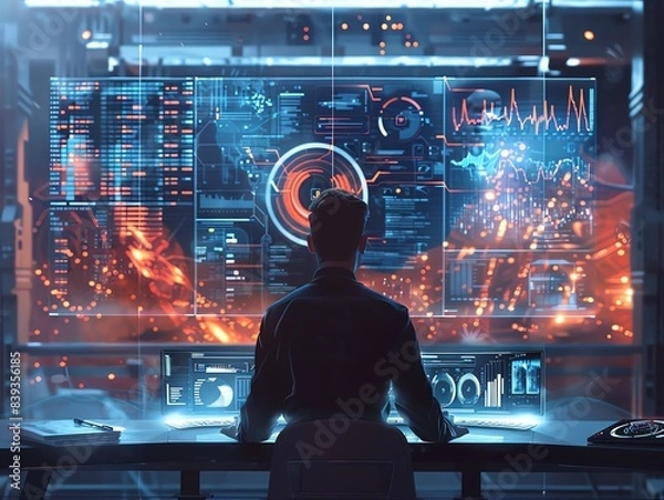 Fototapeta AI-driven data analysis, professional working with advanced tech, futuristic and high-tech office