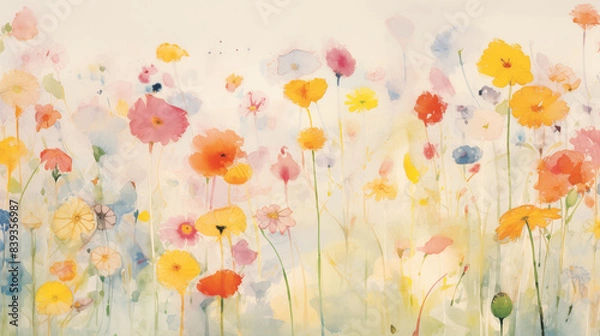 Fototapeta Watercolor painting depicting a field of colorful flowers with a soft, blurred background