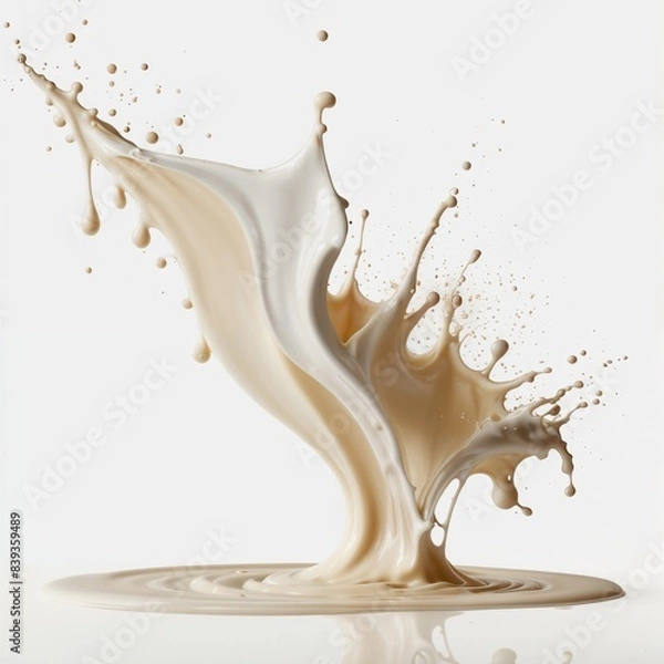Fototapeta White milk or cream wave splash with splatters and drops isolated on white background