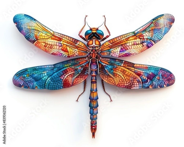 Fototapeta Craft a playful, colorful rear view of a cartoon dragonfly, intricate details on a white backdrop, tailored for stock photo sales