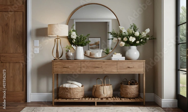 Fototapeta a high-quality 3D render of a modern entryway that exudes welcoming warmth. Incorporate elements such as a stylish console table, a large mirror, and functional storage solutions like hooks and a shoe