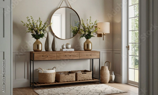 Obraz a high-quality 3D render of a modern entryway that exudes welcoming warmth. Incorporate elements such as a stylish console table, a large mirror, and functional storage solutions like hooks and a shoe