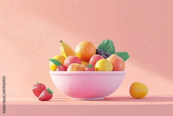 Fototapeta A minimalistic pastel scene featuring a bowl of mixed fruit, with generous copyspace surrounding the bowl