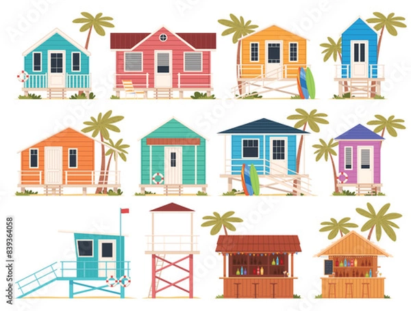 Fototapeta Set Beach house lifeguard tower Beach bar. Bungalow on a tropical island. Rest by the sea. Vacation on a sunny beach. Vector illustration